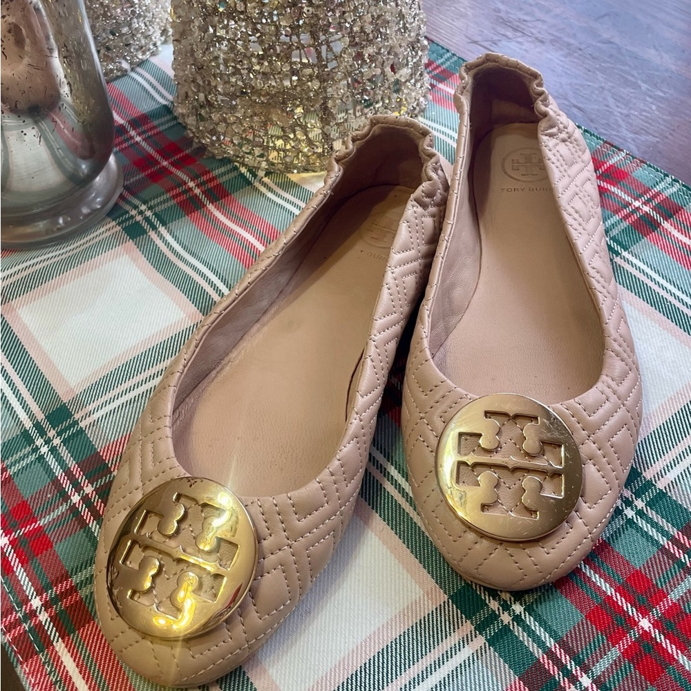 Tory Burch Nude Quilted Flats with Gold Emblem